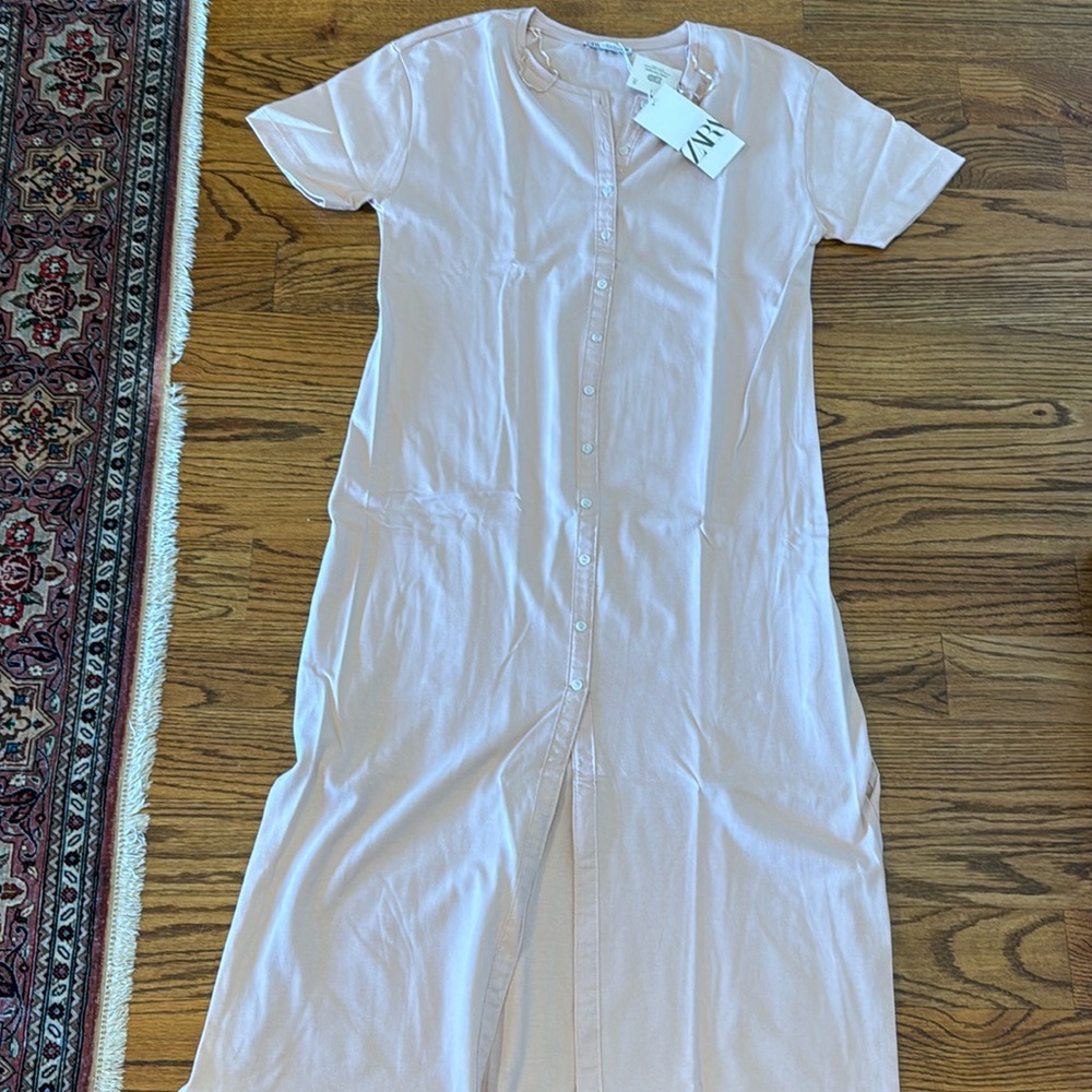 Zara woman’s short sleeve cotton tee shirt dress pale pink sz M NWT